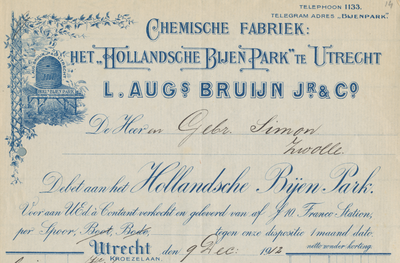 716201 Kop van een nota van “Het Hollandsche Bijenpark”, L. Augs. Bruyn Jr. & Co., Chemische Fabriek, Kroezelaan (= ...